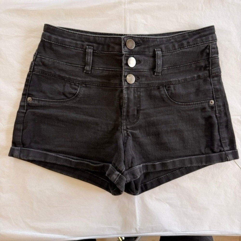 No Boundaries Denim Shorts Womens 9 Black Good Mid Rise 3-Button Fly Cuffed Hem